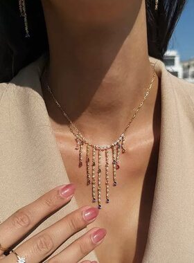 出口余轻奢ins小众金色流苏项链女百搭复古盒子链锁骨链饰品