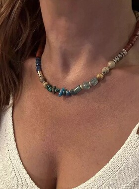 复古天然石彩色串珠项链女锁骨链项链