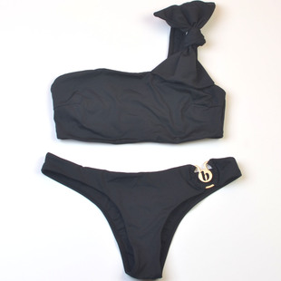 英国N 女 T品牌度假温泉纯色单肩分体泳衣外贸比基尼bikini泳装