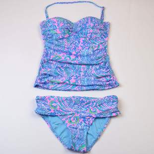 新款美国高端时尚品牌LIL**海边显瘦遮肚聚拢印花分体泳衣女款