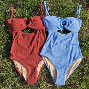 外贸时尚 女 连体泳衣纯欲复古抹胸高腰小胸聚拢欧美海边度假泳装