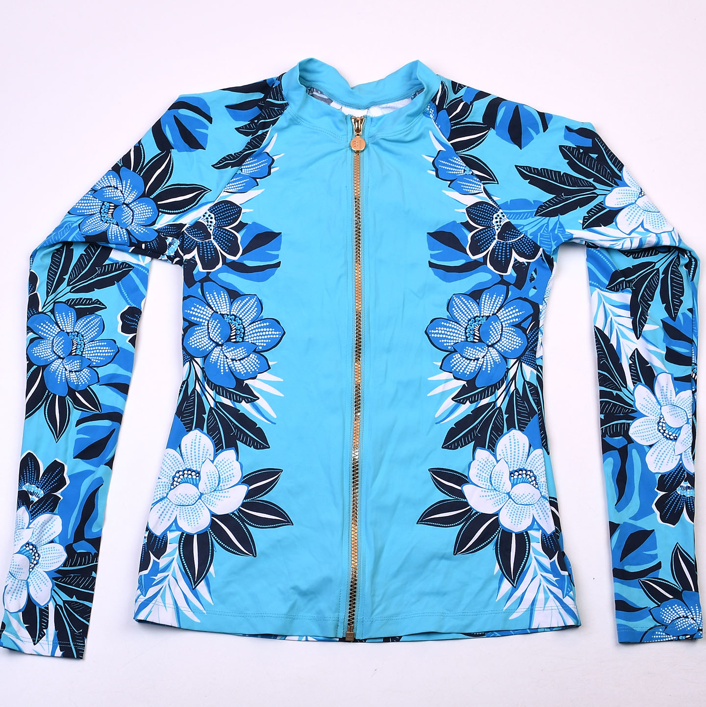 设计师品牌BLEU冲浪防晒长袖显瘦分体泳衣印花拉链款速干泳装