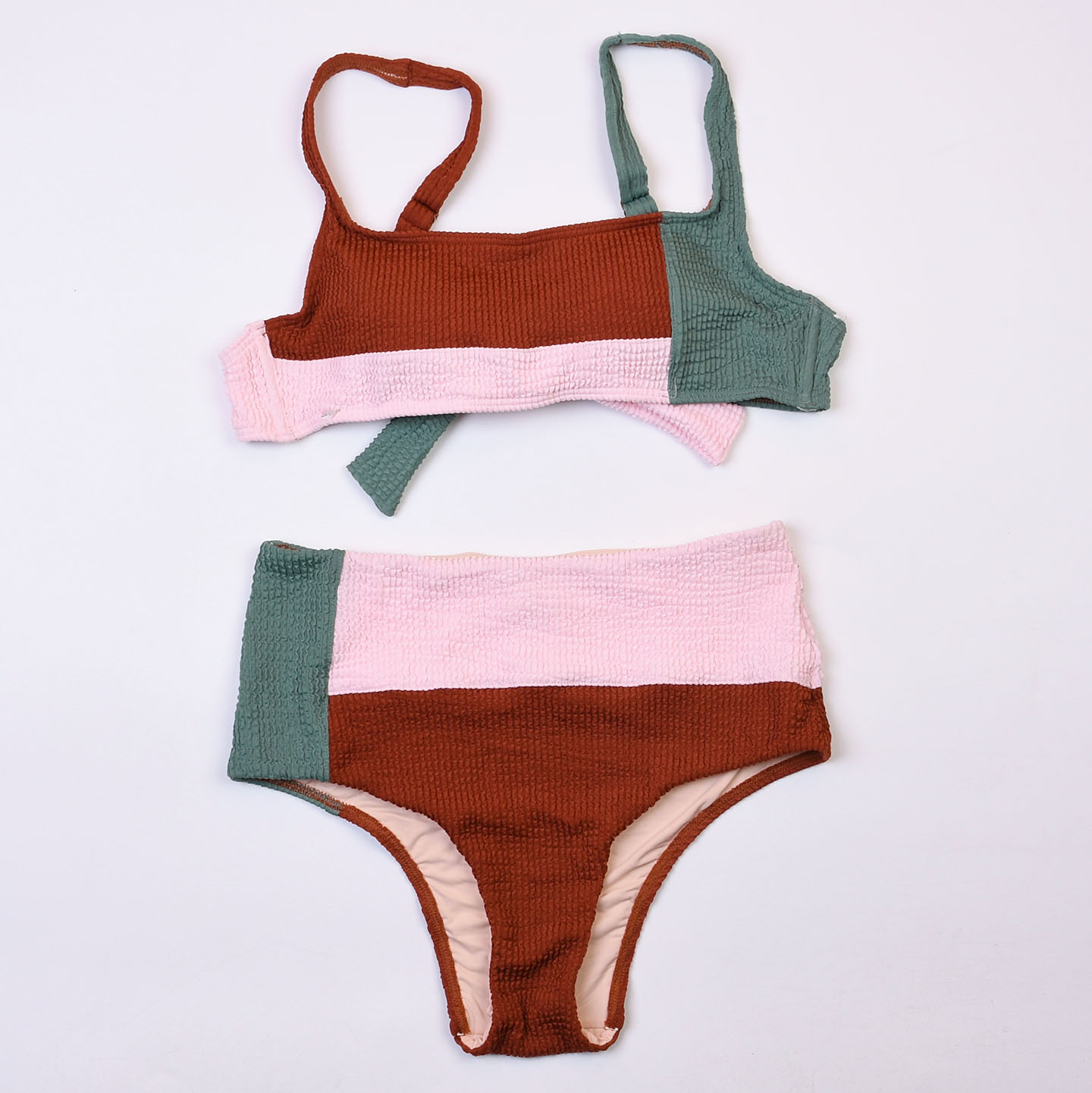 澳洲品牌MIN**撞色高腰比基尼bikini海边度假温泉显瘦分体泳衣
