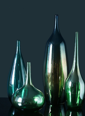 轻奢简约现代人工吹制细口玻璃花瓶 创意蓝绿色喷绘花器家居摆件