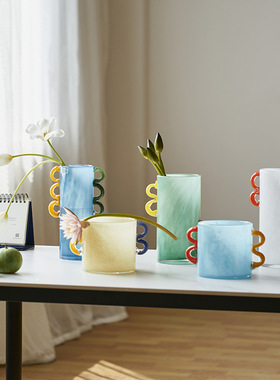 中古风创意手工双耳渐变直筒花瓶软装高级感软装家居装饰玻璃摆件