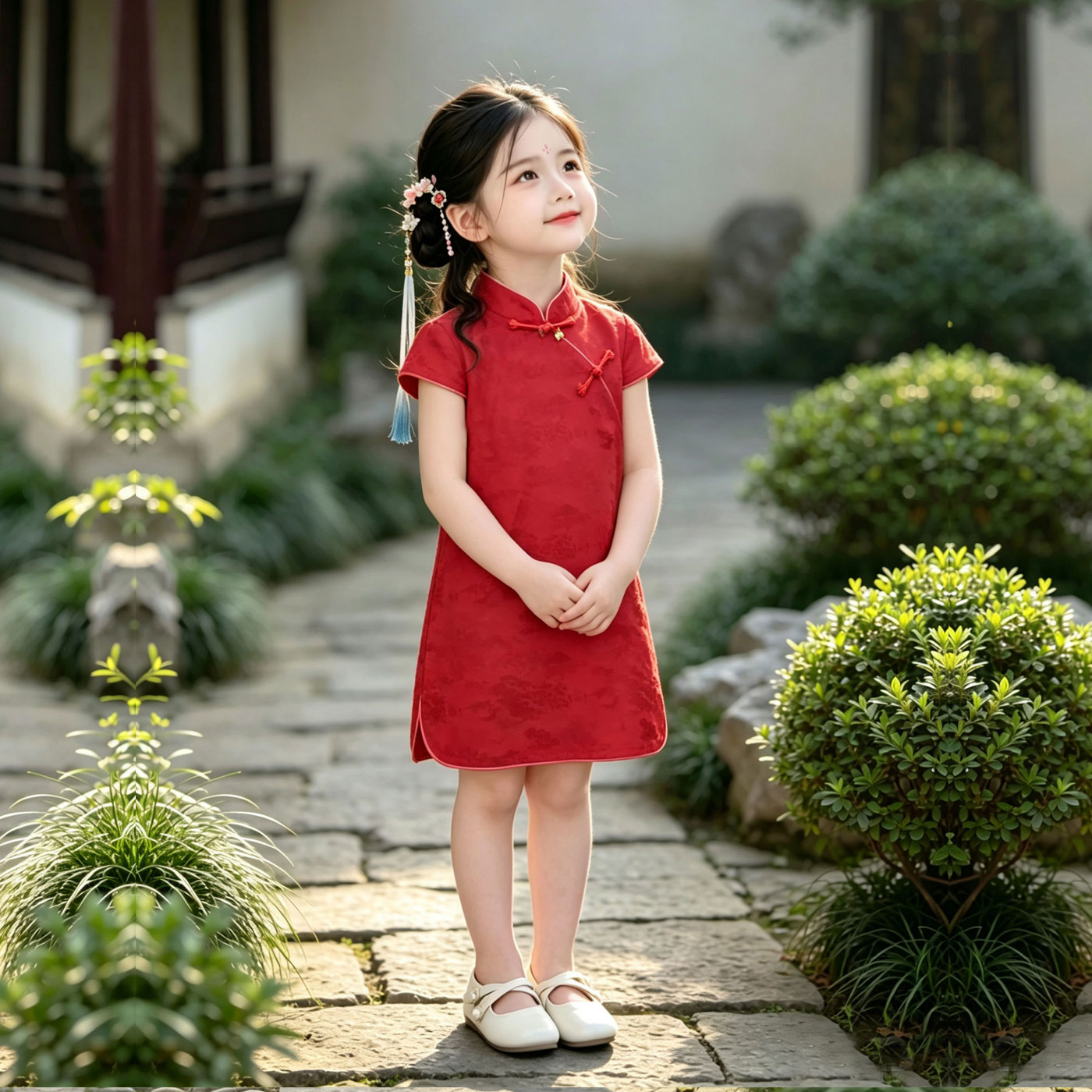 女童夏季新中式红色盘扣旗袍