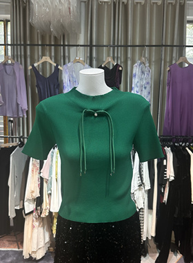 Z265又又家绿色高圆领短袖密针织短袖春夏季弹力套头上衣女