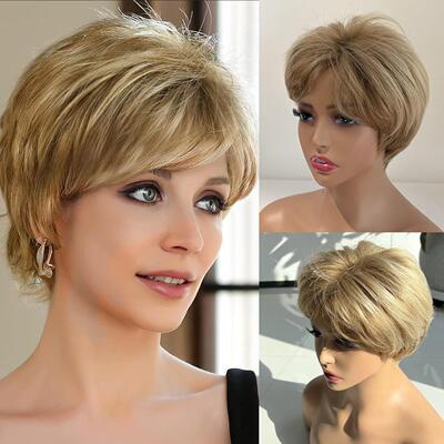 Women's Side Bangs Blonde Short Straight Wig金色斜刘海直假发