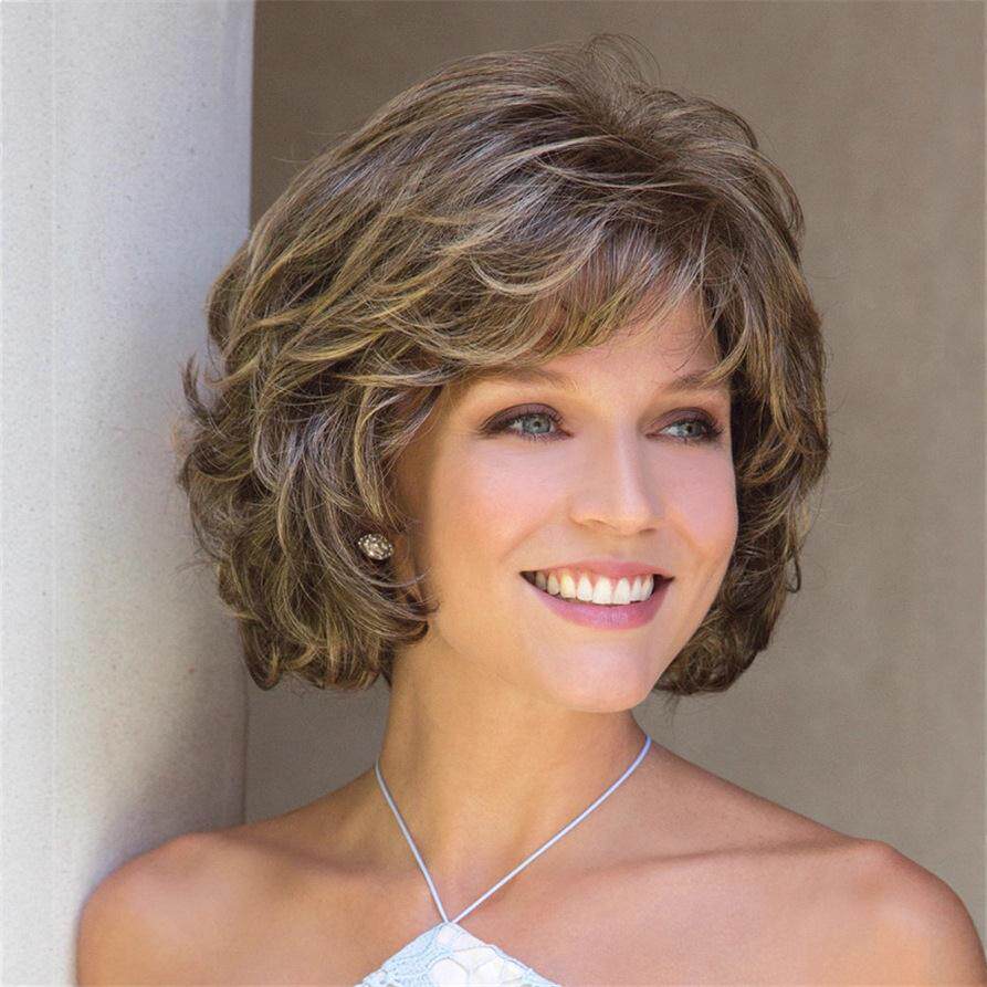 Women Brown Blonde Dyed Short Curly Wig For Older Ladies
