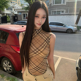 辣妹气质修身 法式 新款 复古半高领无袖 显瘦格纹上衣 背心T恤女夏季