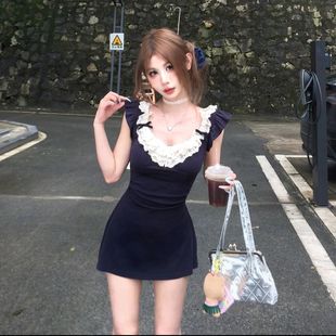 蕾丝拼接辣妹连衣裙设计感飞飞袖 名媛纯欲风收腰 A字裙子女夏季