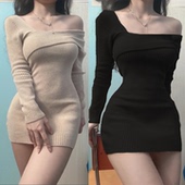 纯欲风露肩长袖 显瘦打底包臀短裙子 秋冬新款 修身 针织连衣裙女法式