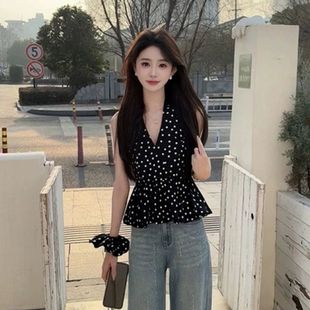 纯欲V领挂脖黑色波点无袖 上衣 背心女夏季 外穿设计感收腰露背小衫