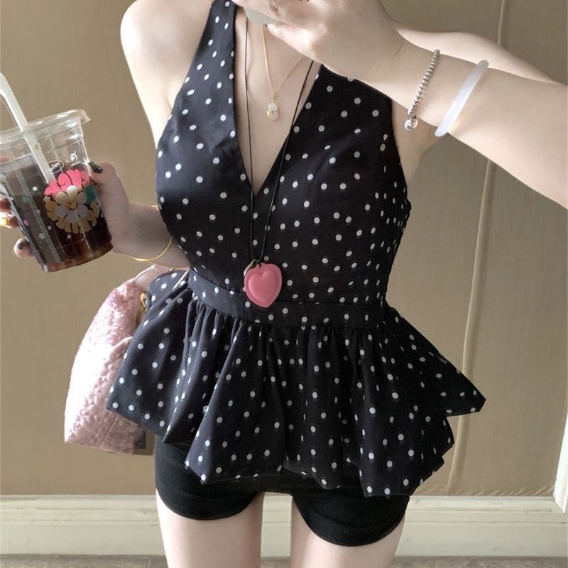 性感露背波点花苞绑带挂脖背心女夏季新款甜辣妹修身显瘦短款上衣