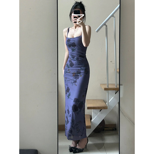 风情万种收腰御姐风修身包臀裙吊带连衣裙纯欲荡领印花紫色露背网