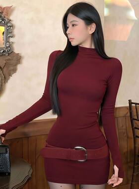 辣妹修身半高领内搭磨毛打底长袖红色连衣裙女冬天配大衣的包臀裙