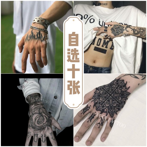 手背花臂嘻哈玫瑰暗黑系遮疤网红个性中国风男潮女防水持久纹身贴