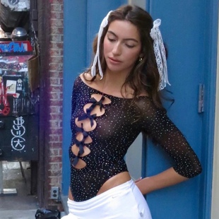 KKX纯欲甜辣蝴蝶结镂空烫钻透视高弹针织连体衣街头性感修身 上衣