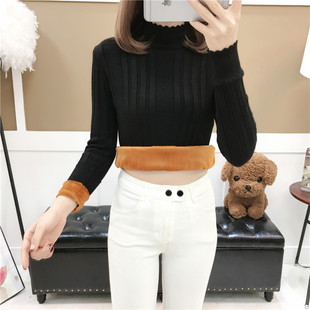 套头韩版 半高领毛衣加厚女秋冬季 新款 加绒打底针织衫 外穿线衣 短款