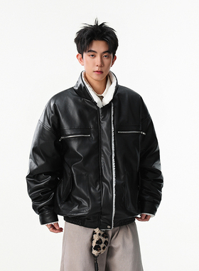 美式设计感众毛领棉衣男冬复古PU皮夹克棉服高街潮牌保暖休闲外套