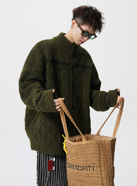 半高领纽扣开衫毛衣男生2025新款秋冬季港风上衣休闲针织外套加厚