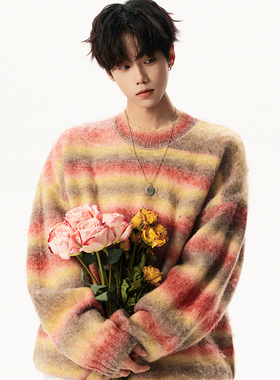 CVPV港风潮流条纹圆领毛衣男冬季新款秋冬男生慵懒内搭针织衫男款