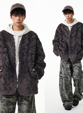 CVPV韩系灰色小湖羊皮草男女同款秋冬保暖一体绒宽松短款宽松大衣