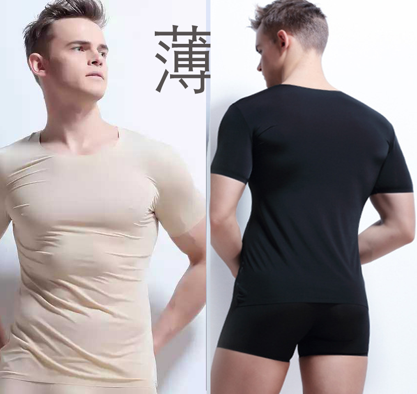 出口夏男冰丝无痕速干弹力紧身衣短袖背心上衣薄t恤衫肉肤色短裤