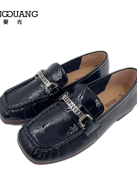 菱光2023秋季新款浅口单鞋女漆皮低跟小皮鞋方头豆豆鞋B238DM068