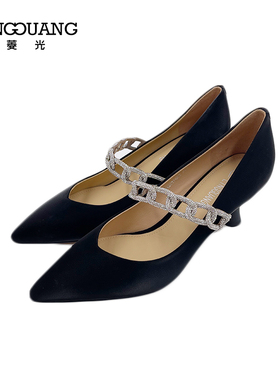 菱光亮钻扣带尖头浅口小细跟纯色名媛气质高跟鞋不累脚B238YF602