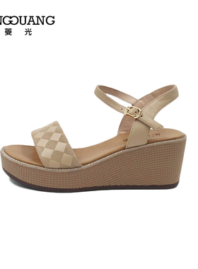 菱光女凉2022夏季新款厚底坡跟真皮一字带简约时尚凉鞋F228HF171