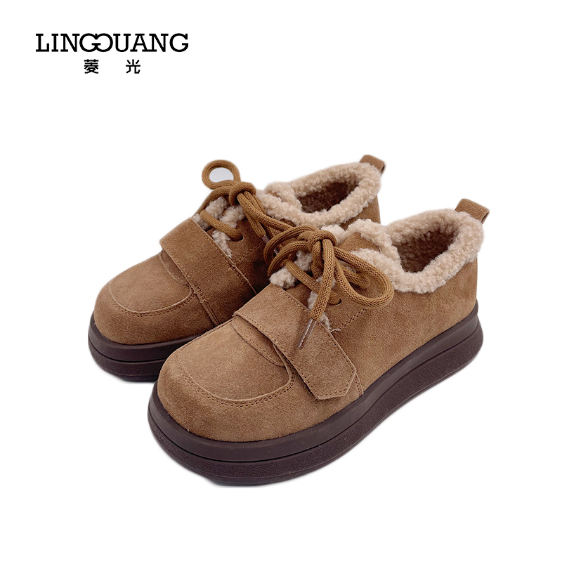 菱光冬季新款真皮厚底加绒系带勃肯鞋女棉鞋潮N33T8531