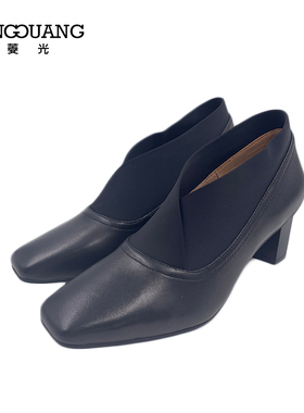 菱光轻奢法式小踝靴女款方头深口粗跟拼接羊皮小短靴B238DM508