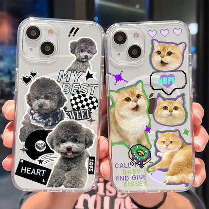 高级感宠物透明磁吸手机壳定制适用iphone15promax猫咪狗狗照片苹果16图案订制无线充电镜面14magsafe13diy12