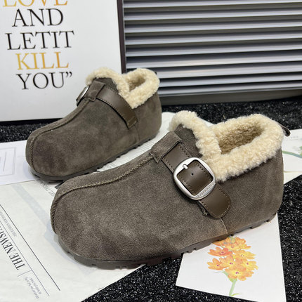 真皮厚底勃肯鞋女2025秋冬新款内增高百搭加绒保暖雪地棉鞋毛毛鞋