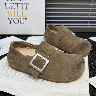 一脚蹬懒人豆豆鞋 加绒保暖棉瓢鞋 潮 女2025秋冬新款 真皮厚底勃肯鞋