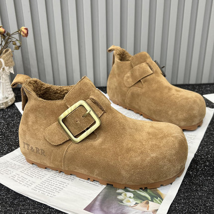 大头复古真皮厚底高帮勃肯鞋女2025秋冬新款百搭休闲加绒保暖棉鞋
