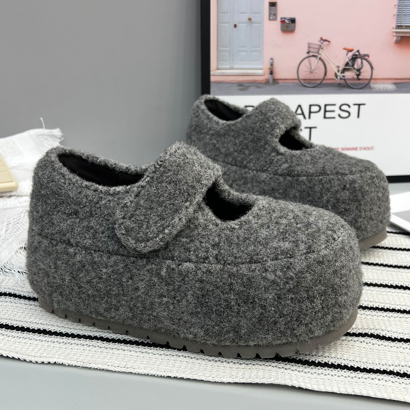 厚底增高毛呢玛丽珍鞋女2026春季新款魔术贴百搭休闲灰色勃肯单鞋,女鞋,勃肯鞋/软木鞋,淘宝优惠券,粉丝福利购,淘宝优惠卷