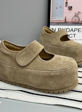 小个子厚底增高真皮勃肯鞋女2026春季新款魔术贴休闲玛丽珍单鞋潮