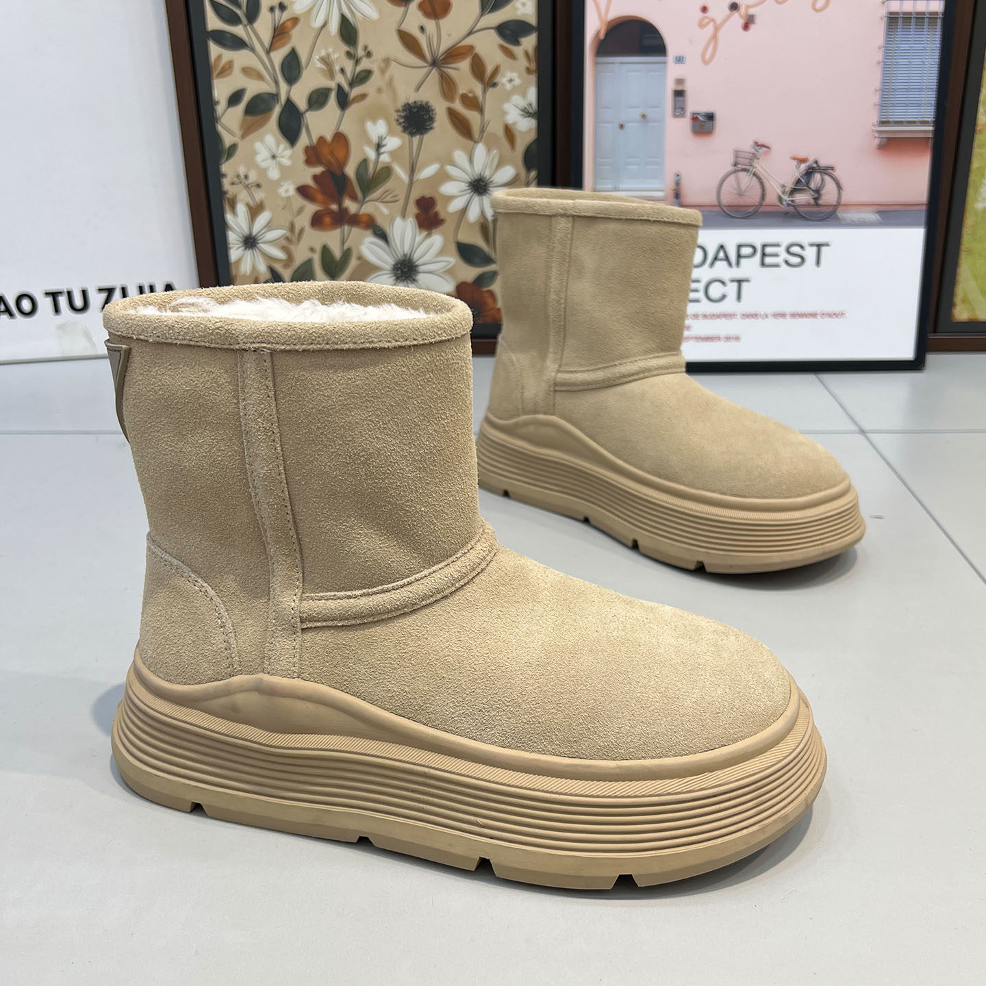 东北厚底保暖雪地靴女冬季新款磨砂皮短筒增高加厚防寒面包棉靴子