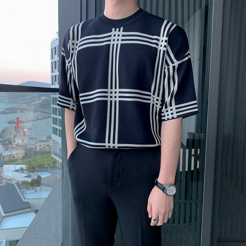 MRCYC韩版宽松格子短袖针织衫