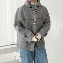 MRCYC连帽毛呢外套男秋冬季保暖棉服韩系宽松牛角扣短款呢子大衣