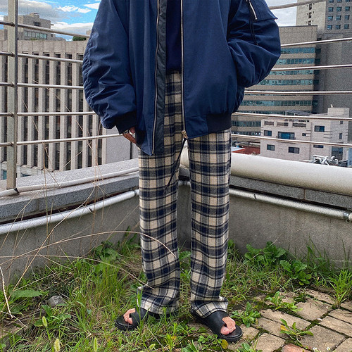 MRCYC韩版格子阔腿拖地休闲裤