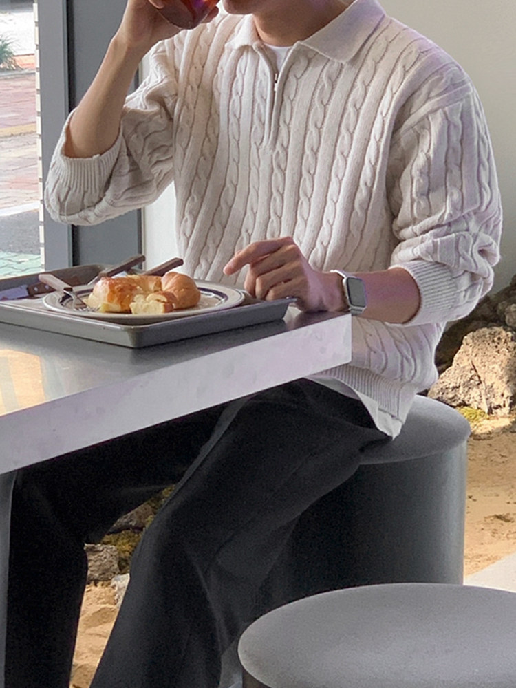 MRCYC 하프 지퍼 트위스트 니트 스웨터 가을 남성 한국 스타일 느슨한 틈새 디자인 옷깃 풀오버 스웨터