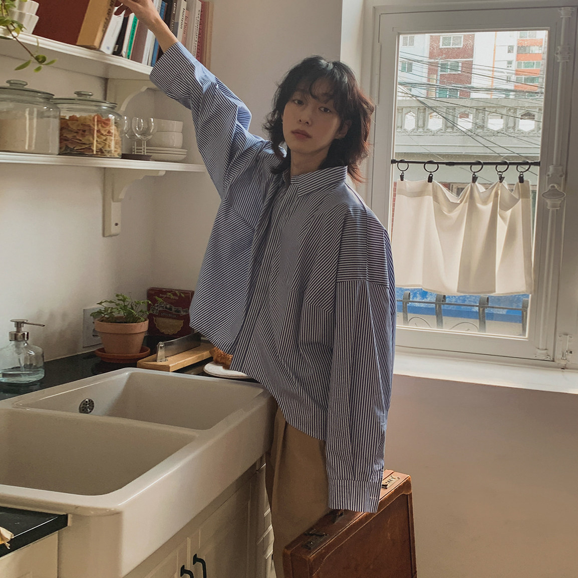 MRCYC条纹短款休闲衬衫男士秋季宽松长袖衬衣韩系设计感通勤穿搭,男装,衬衫,淘宝优惠券,粉丝福利购,淘宝优惠卷