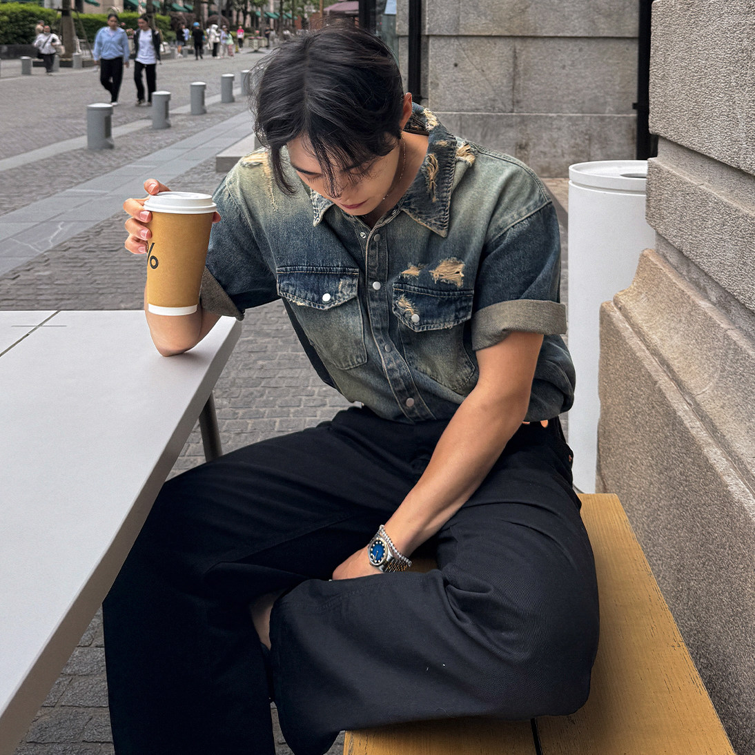 MRCYC痞帅做旧水洗牛仔衬衫短袖男夏季宽松休闲衬衣韩系通勤穿搭