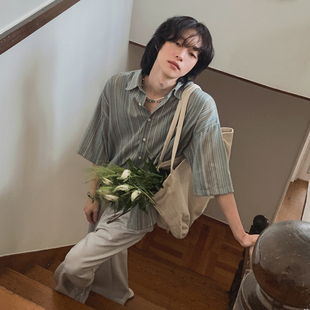 宽松休闲半袖 男夏季 衬衣韩系通勤复古穿搭潮 衬衫 MRCYC竖条纹短袖