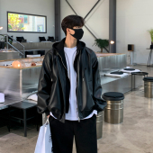 MRCYC皮衣男高级感假两件拼接连帽外套韩系宽松潮牌工装 皮夹克