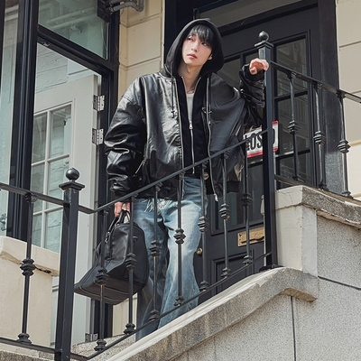 MRCYC痞帅复古亮面PU皮衣外套男