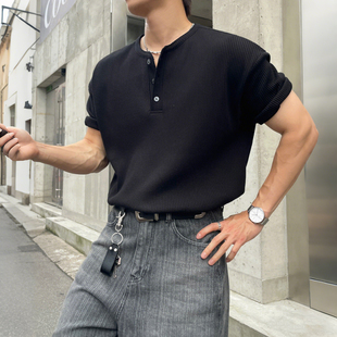 MRCYC亨利领华夫格男t恤夏季宽松百搭短袖上衣韩系通勤人夫感穿搭